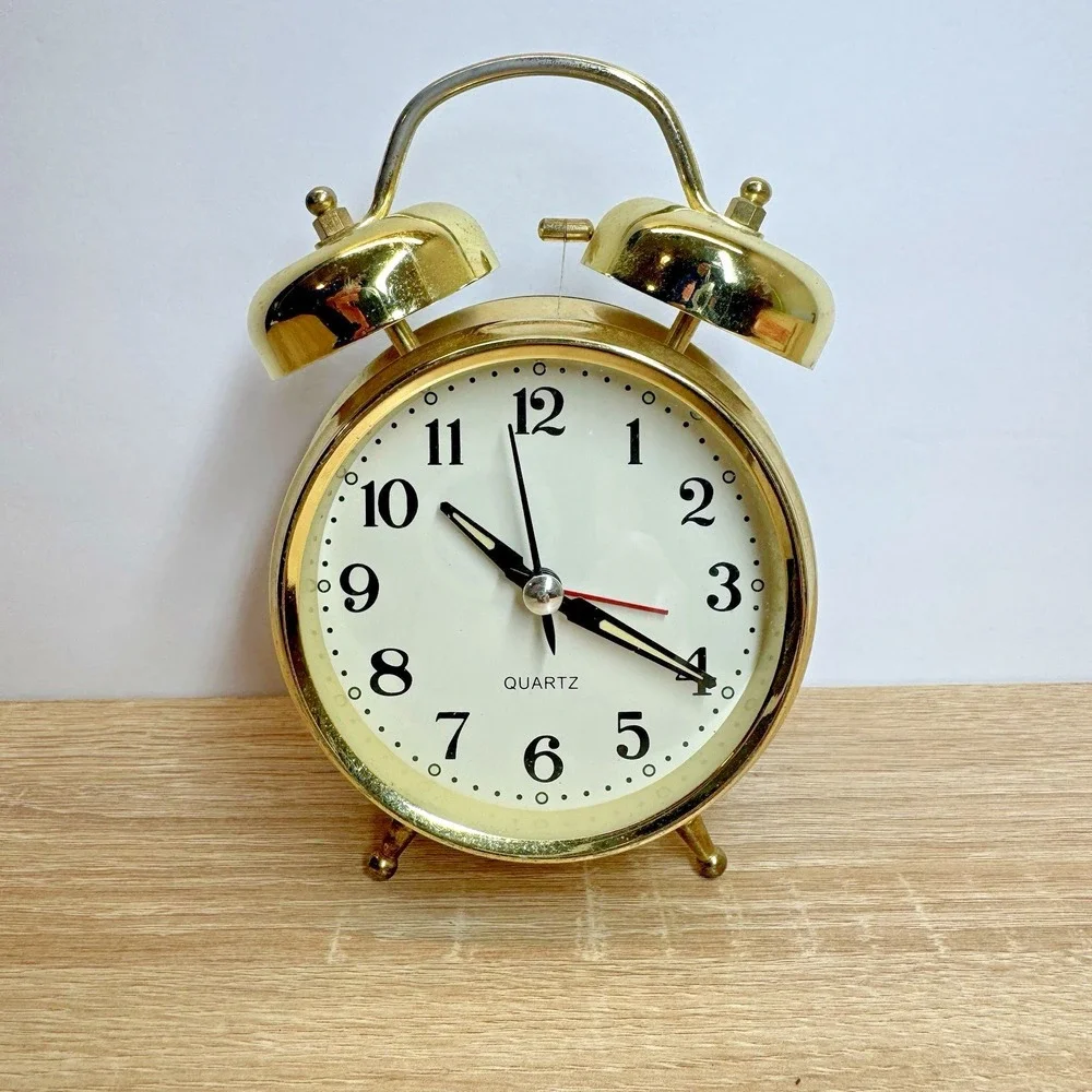 Gold Tone Twin Bell Quartz Alarm Clock Retro Analog Battery Operated